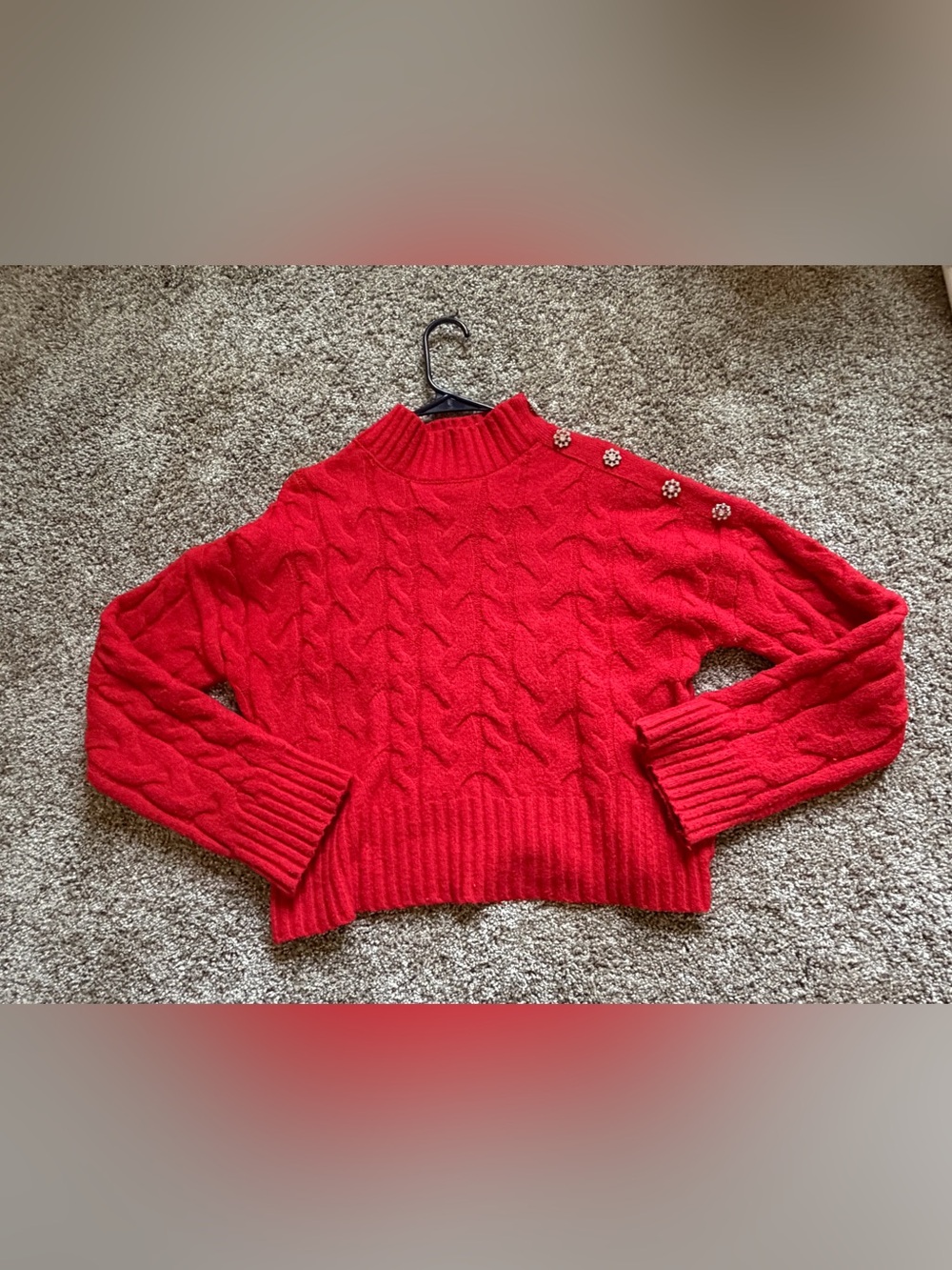 Happily Grey Red Cable Knit Shoulder Button Mock Neck Cropped Sweater Size S
